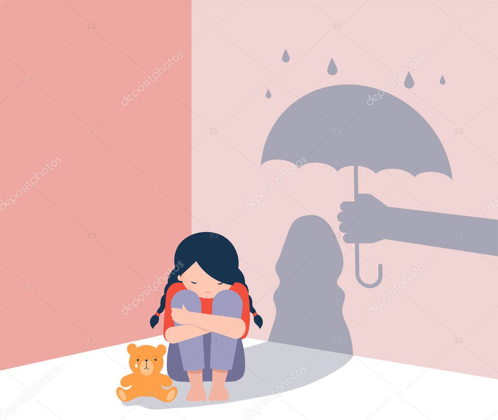 Sad little girl with teddy bear sitting on floor, shadow on the wall is a hand with umbrella protects her. Child abuse, violence against children concept design. 
