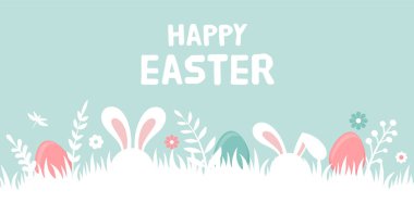 Happy Easter banner with bunny, flowers and eggs. Egg hunt poster. Spring background in modern style clipart