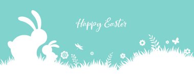 Happy Easter banner with bunny, flowers and eggs. Egg hunt poster. Spring background, vector illustration