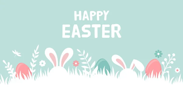 Feliz bandera de Pascua con conejito, flores y huevos. Cartel de caza de huevos. Fondo de primavera en estilo moderno — Vector de stock