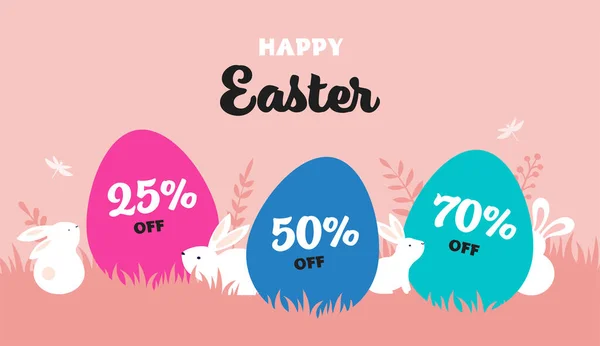 Happy Easter banner with bunny, flowers and eggs. Egg hunt poster. Spring background, vector illustration — Stock Vector