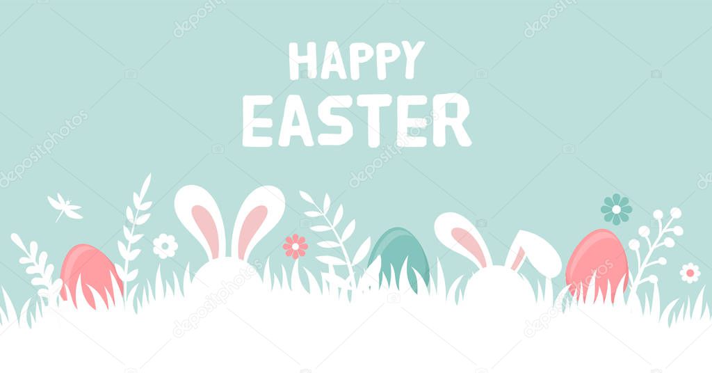 Happy Easter banner with bunny, flowers and eggs. Egg hunt poster. Spring background in modern style