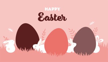 Happy Easter banner with bunny, flowers and eggs. Egg hunt poster. Spring background, vector illustration 