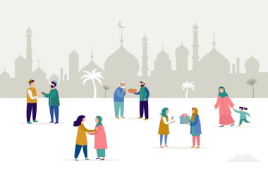 Ramazan Kareem, Bayram Mübareği, tebrik kartı ve bayrak, hediyeler, yiyecekler. İslam bayramı geçmişi. Vektör illüstrasyonu