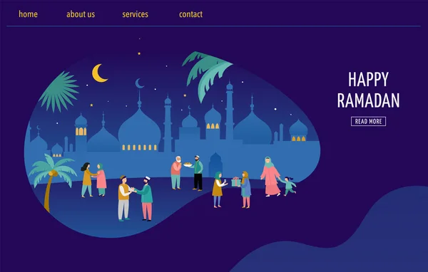 Ramadán Kareem, Eid mubarak, tarjeta de felicitación y pancarta con mucha gente, dando regalos, comida. Fondo de vacaciones islámicas. Ilustración vectorial — Archivo Imágenes Vectoriales