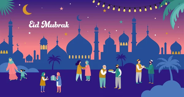 Ramadán Kareem, Eid mubarak, tarjeta de felicitación y pancarta con mucha gente, dando regalos, comida. Fondo de vacaciones islámicas. Ilustración vectorial — Archivo Imágenes Vectoriales