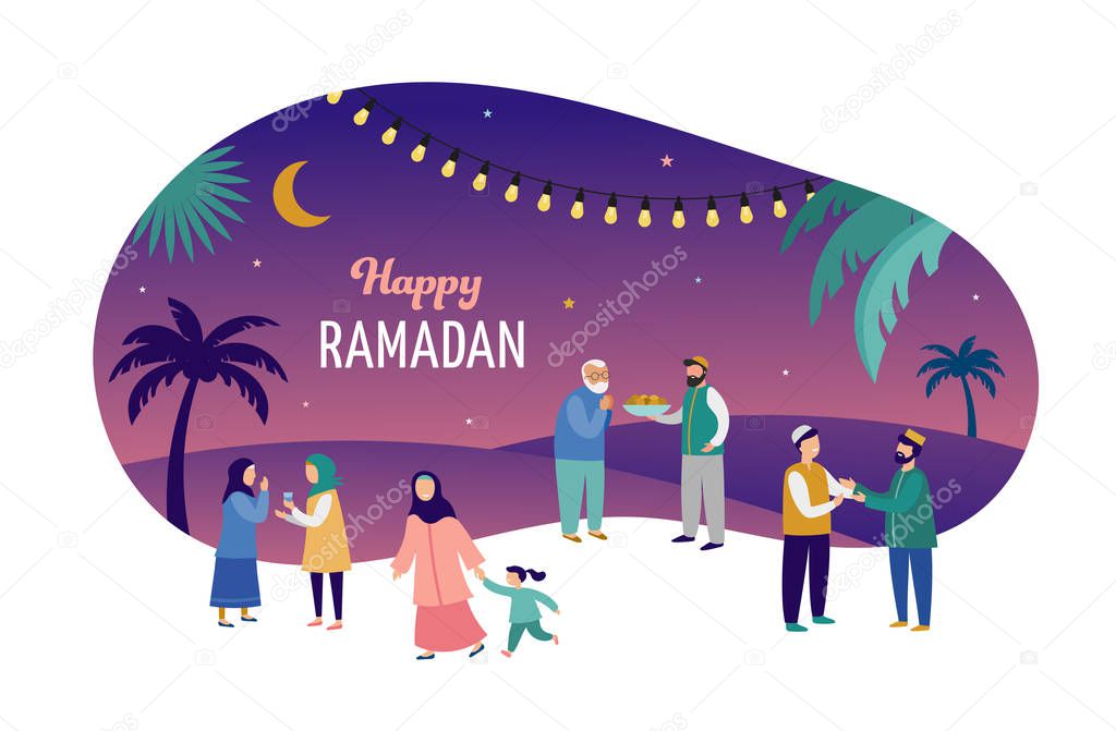 Ramadan Kareem, Eid mubarak, greeting card and banner with many people, giving gifts, food. Islamic holiday background. Vector illustration