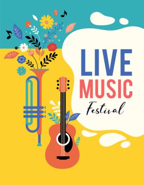 Yaz festivali, canlı müzik festivali konsepti, caz ve rock, yemek sokak fuarı, aile fuarı, olay afişi ve renkli vektör tasarımı