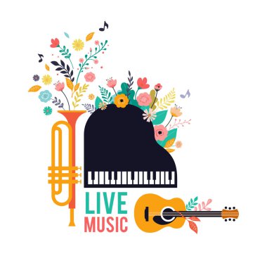 Yaz festivali, canlı müzik festivali konsepti, caz ve rock, yemek sokak fuarı, olay posteri ve renkli vektör tasarımı