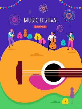 Yaz festivali, canlı müzik festivali konsepti, caz ve rock, yemek sokak fuarı, aile fuarı, poster ve afiş. İnsanlar dans eder ve müzik çalar. Vektör tasarımı ve illüstrasyonu