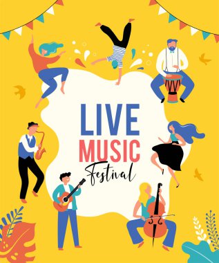 Yaz festivali, canlı müzik festivali konsepti, caz ve rock, yemek sokak fuarı, afiş ve afiş. İnsanlar dans eder ve müzik çalar. Vektör tasarımı ve illüstrasyonu