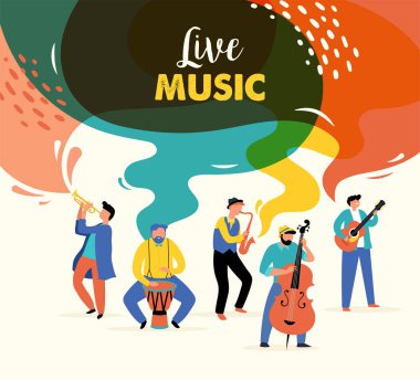 Yaz festivali, canlı müzik festivali konsepti, caz ve rock, yemek sokak fuarı, aile fuarı, olay afişi ve renkli vektör tasarımı