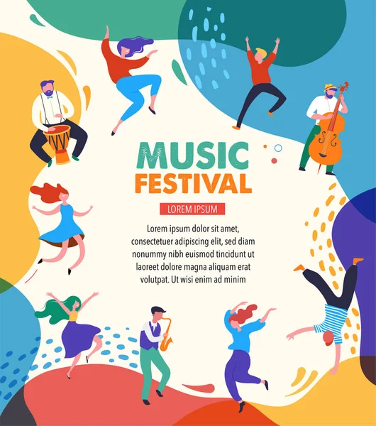 Summer fest, concept of live music festival, jazz and rock, food street fair, family fair, event poster and banner. People dance and play music. Vector design and illustration — Stock Vector