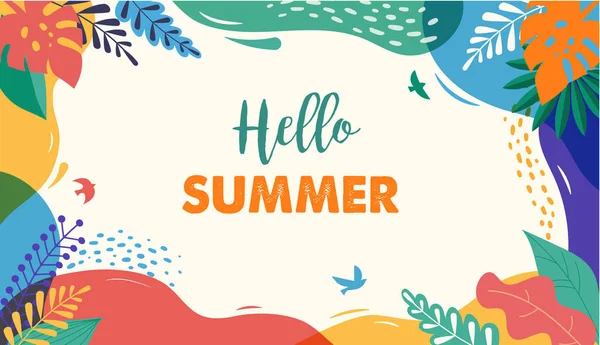 Hola verano, festival y diseño de banner justo con colores vintage — Vector de stock