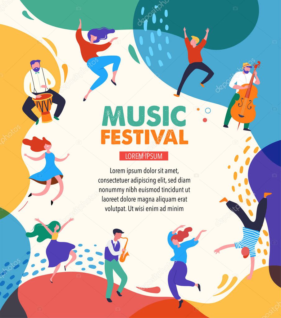 Summer fest, concept of live music festival, jazz and rock, food street fair, family fair, event poster and banner. People dance and play music. Vector design and illustration