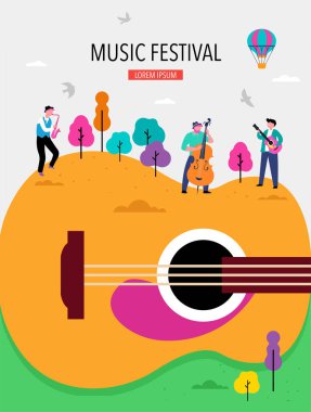Yaz festivali, canlı müzik festivali konsepti, caz ve rock, yemek sokak fuarı, afiş ve afiş. İnsanlar dans eder ve müzik çalar. Vektör tasarımı ve illüstrasyonu