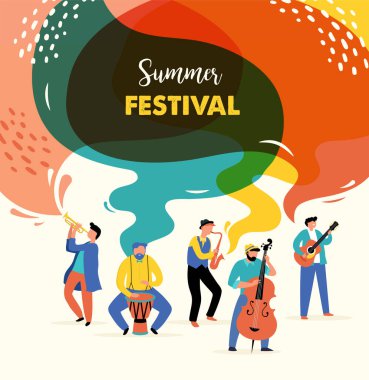 Yaz festivali, canlı müzik festivali konsepti, caz ve rock, yemek sokak fuarı, olay posteri ve renkli vektör tasarımı