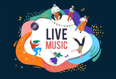 Yaz festivali, canlı müzik festivali konsepti, caz ve rock, yemek sokak fuarı, aile fuarı, poster ve afiş. İnsanlar dans eder ve müzik çalar. Vektör tasarımı ve illüstrasyonu