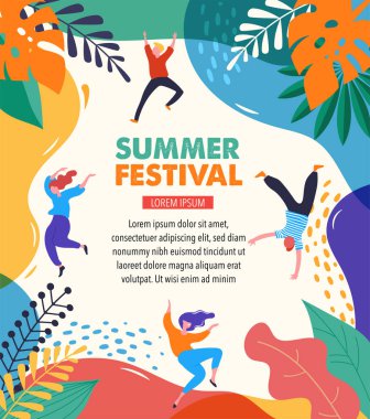 Yaz festivali, canlı müzik festivali konsepti, caz ve rock, yemek sokak fuarı, aile fuarı, dans eden mutlu insanların olduğu afiş ve afiş. Vektör tasarımı ve illüstrasyonu