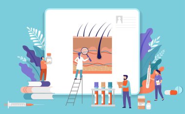 Research scientist. Science laboratory, chemistry scientists and clinical lab. Medical research items, clinical science laboratories experiments. Skin inspection, concept vector illustration