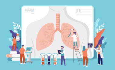 Research scientist. Science laboratory, chemistry scientists and clinical lab. Medical research items, clinical science laboratories experiments. Lungs, internal organ inspection, concept vector
