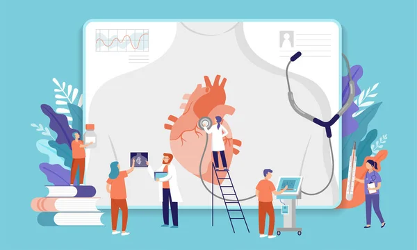 Research scientist. Science laboratory, chemistry scientists and clinical lab. Medical research items, clinical science laboratories experiments. Heart, cardiac problem, concept vector illustration — Stockvector