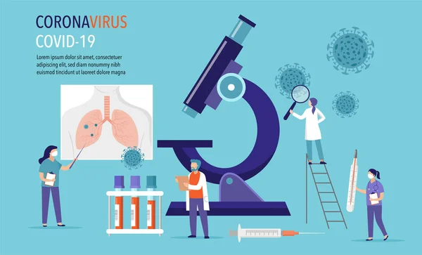 Coronavirus 2019-nCoV scene - research and development of medication. Group of scientists, doctors working in laboratory. Vector illustration — 스톡 벡터