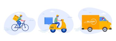 Çevrimiçi dağıtım hizmeti konsepti, çevrimiçi sipariş takibi, eve ve ofise teslimat. Depo, kamyon, drone, scooter ve bisikletli kurye, solunum maskeli teslimatçı. Vektör illüstrasyonu
