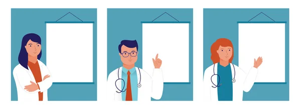 Ρώτα τον γιατρό. Γιατροί, άνδρες και γυναίκες, επαγγελματίες γιατροί στέκονται μπροστά σε έναν άδειο πίνακα. Απλά προσθέστε το κείμενο. Εικονογράφηση διανύσματος — Διανυσματικό Αρχείο