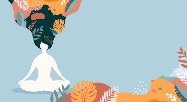 Stres, endişe, farkındalık, meditasyon ve yogayla başa çıkmak. Bağdaş kurup meditasyon yapan bir kadınla pastel renkli vektör arkaplanı. Vektör illüstrasyonu