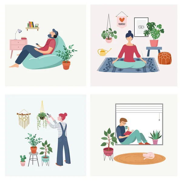 Quarantine, stay at home concept series - people sitting at their home, room or apartment, practicing yoga, enjoying meditation, relaxing on sofa, reading books, baking and listening to the music. — Stock Vector