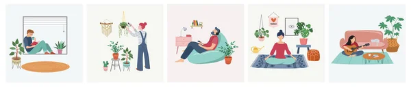 Quarentena, ficar em casa série conceito - pessoas sentadas em sua casa, quarto ou apartamento, praticar ioga, desfrutar de meditação, relaxar no sofá, ler livros, assar e ouvir a música . — Vetor de Stock