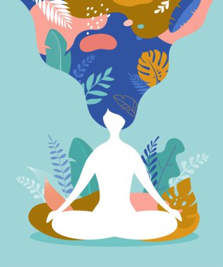 Stres ve endişeyle baş etmek farkındalık, meditasyon ve yogayı kullanmak. Bağdaş kurup meditasyon yapan bir kadınla pastel renkli vektör arkaplanı. Vektör illüstrasyonu