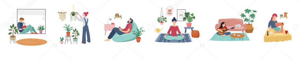 Quarantine, stay at home concept series - people sitting at their home, room or apartment, practicing yoga, enjoying meditation, relaxing on sofa, reading books, baking and listening to the music. 