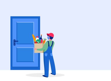 Yemek servisi konsepti, online sipariş takibi. Depo, kamyon ve scooter kuryesi, solunum maskeli bir teslimatçı. Vektör illüstrasyonu