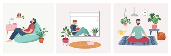 Cuarentena, quedarse en casa serie concepto - personas sentadas en su casa, habitación o apartamento, practicar yoga, disfrutar de la meditación, relajarse en el sofá, leer libros, hornear y escuchar la música . — Vector de stock