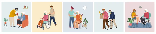 Série de bénévoles - jeunes prenant soin de personnes âgées. Aider aux tâches ménagères, marcher, lire des livres, apporter l'épicerie, pousser le fauteuil roulant . — Image vectorielle