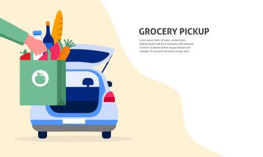 Yemek servisi konsepti, online sipariş takibi. Depo, kamyon ve scooter kuryesi, solunum maskeli bir teslimatçı. Vektör illüstrasyonu