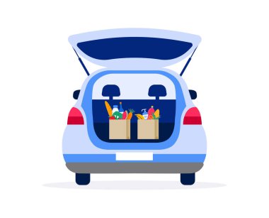 Yemek servisi konsepti, online sipariş takibi. Depo, kamyon ve scooter kuryesi, solunum maskeli bir teslimatçı. Vektör illüstrasyonu