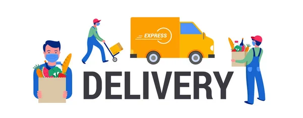 Safe online delivery during the coronavirus pandemic - online order tracking, delivery door to door, home and office. Warehouse, truck, drone, scooter and bicycle courier, delivery man in respiratory — Stock Vector