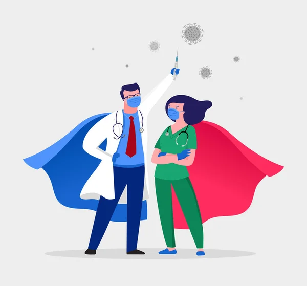 Super arts en verpleegkundige dragen medische maskers en capes, superheld paar, vector cartoon illustratie — Stockvector