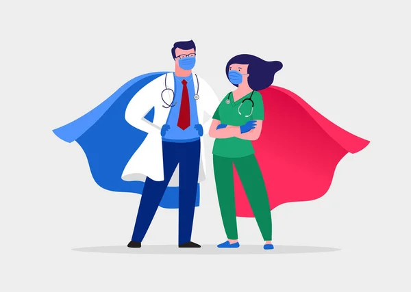 Super läkare och sjuksköterska bär medicinska masker och capes, superhjälte par, vektor tecknad illustration — Stock vektor