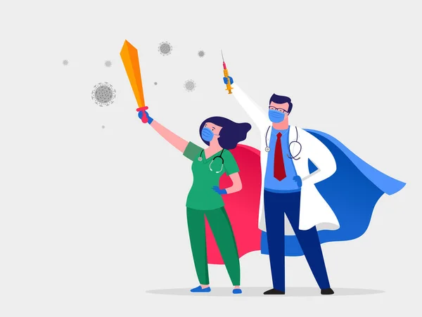 Super läkare och sjuksköterska bär medicinska masker och capes, superhjälte par, vektor tecknad illustration — Stock vektor