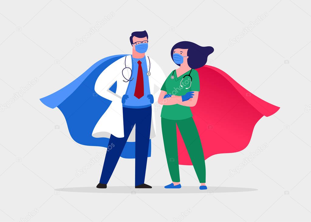 Super doctor and nurse wearing medical masks and capes, superhero couple, vector cartoon illustration