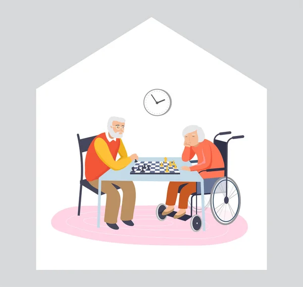 Elderly, old people, senior people at home, playing chess, chatting on computer with grandchildren, reading books, working out, learning languages. Vector illustration, cartoon set stock illustration