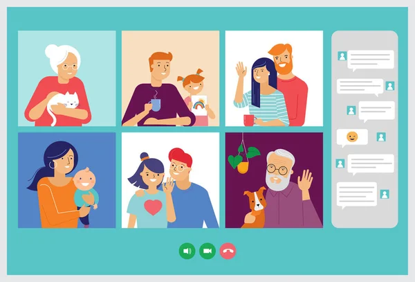 Famille, grands-parents, enfants, couple, jeunes gens bavardage vidéo sur Internet via ordinateur portable, tablette ou ordinateur. Covid-19 concept pandémique, nouvelle épidémie de coronavirus — Image vectorielle