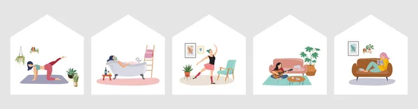 Cuarentena, quedarse en casa serie concepto - personas sentadas en su casa, habitación o apartamento, practicar yoga, disfrutar de la meditación, relajarse en el sofá, leer libros, hornear y escuchar la música — Vector de stock