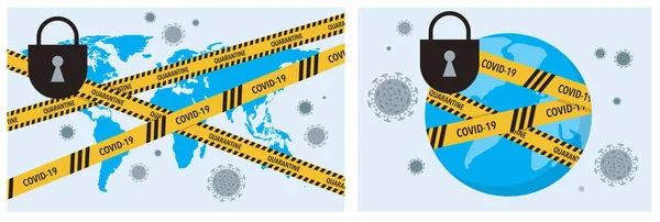 COVID-19 virus afsluiting barrière tape over een wereld. Coronavirus pandemie, vector concept illustratie voorraad illustratie — Stockvector