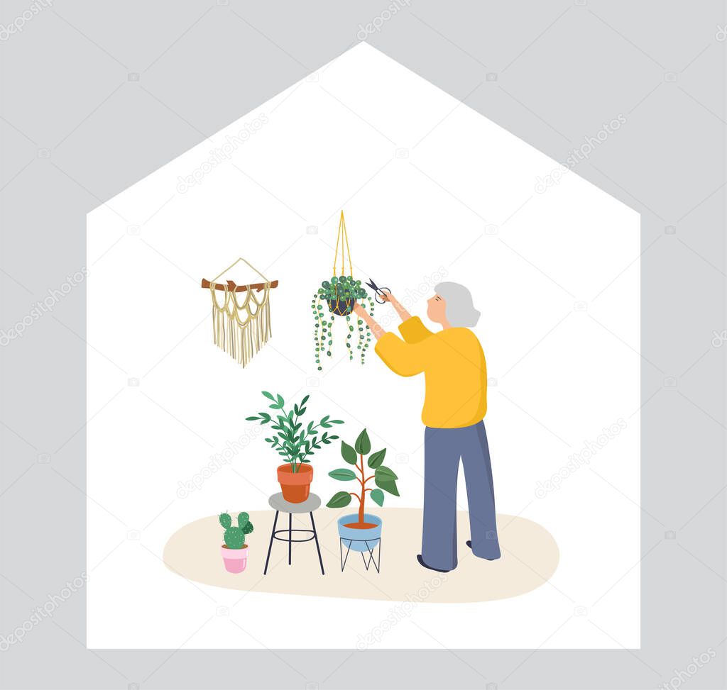 Elderly, old people, senior people at home, playing chess, chatting on computer with grandchildren, reading books, working out, learning languages. Vector illustration, cartoon set stock illustration