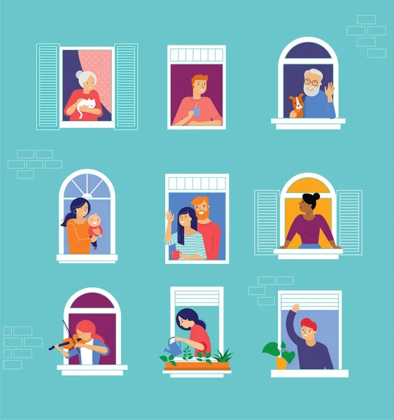 Quédate en casa, diseño conceptual. Diferentes tipos de personas, familia, vecinos en sus propias casas. Autoaislamiento, cuarentena durante el brote de coronavirus. Vector plano estilo ilustración stock — Archivo Imágenes Vectoriales